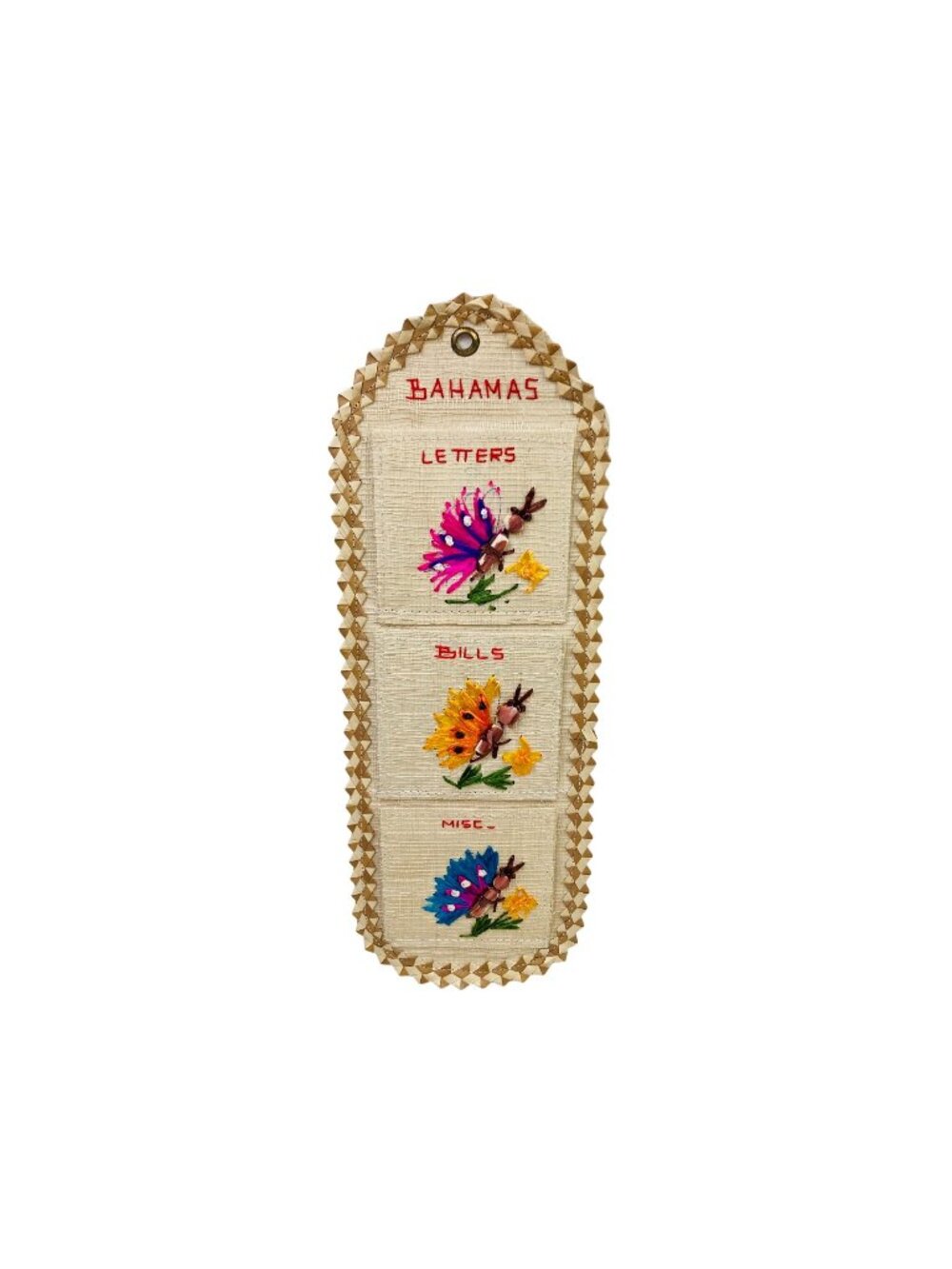 Vintage Straw Raffia Hanging Letter Bill Holder Embroidered Bahamas Boho Decor